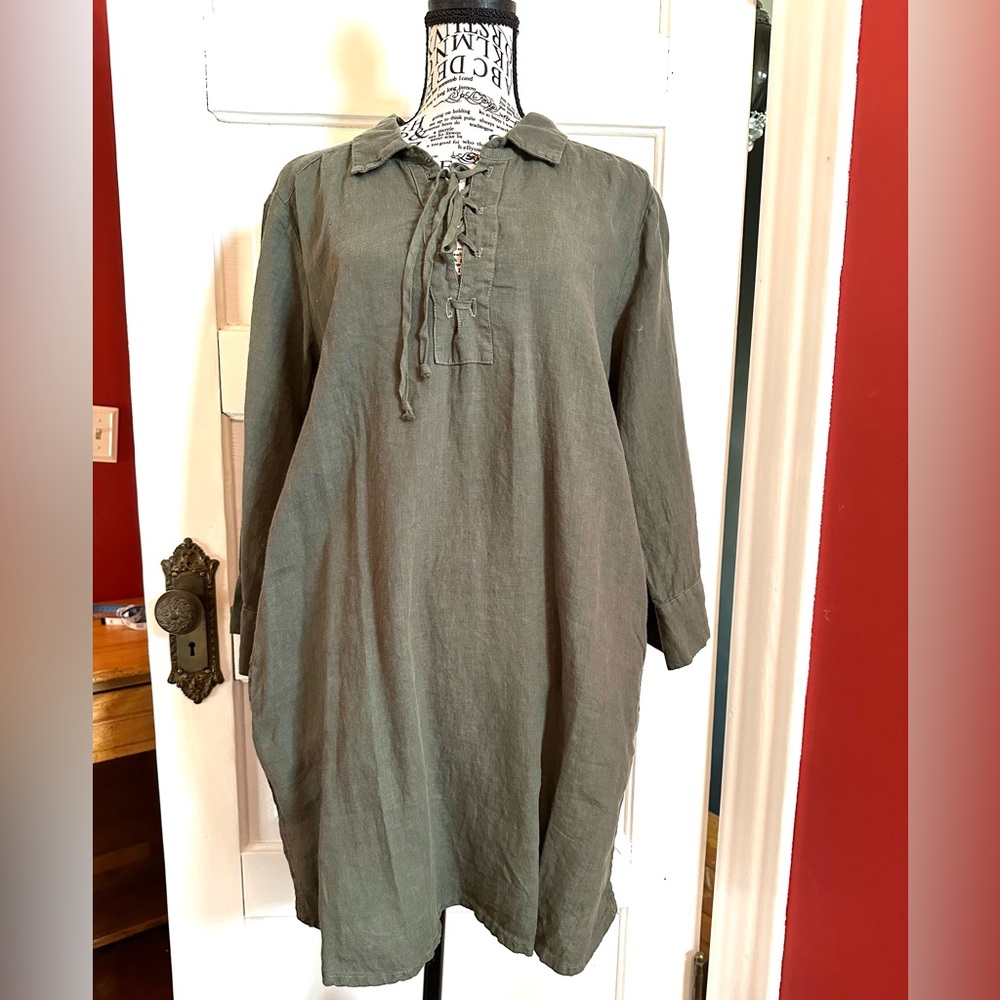 NWOT 100% Linen Army Green Allen Allen shirt dress, size Large